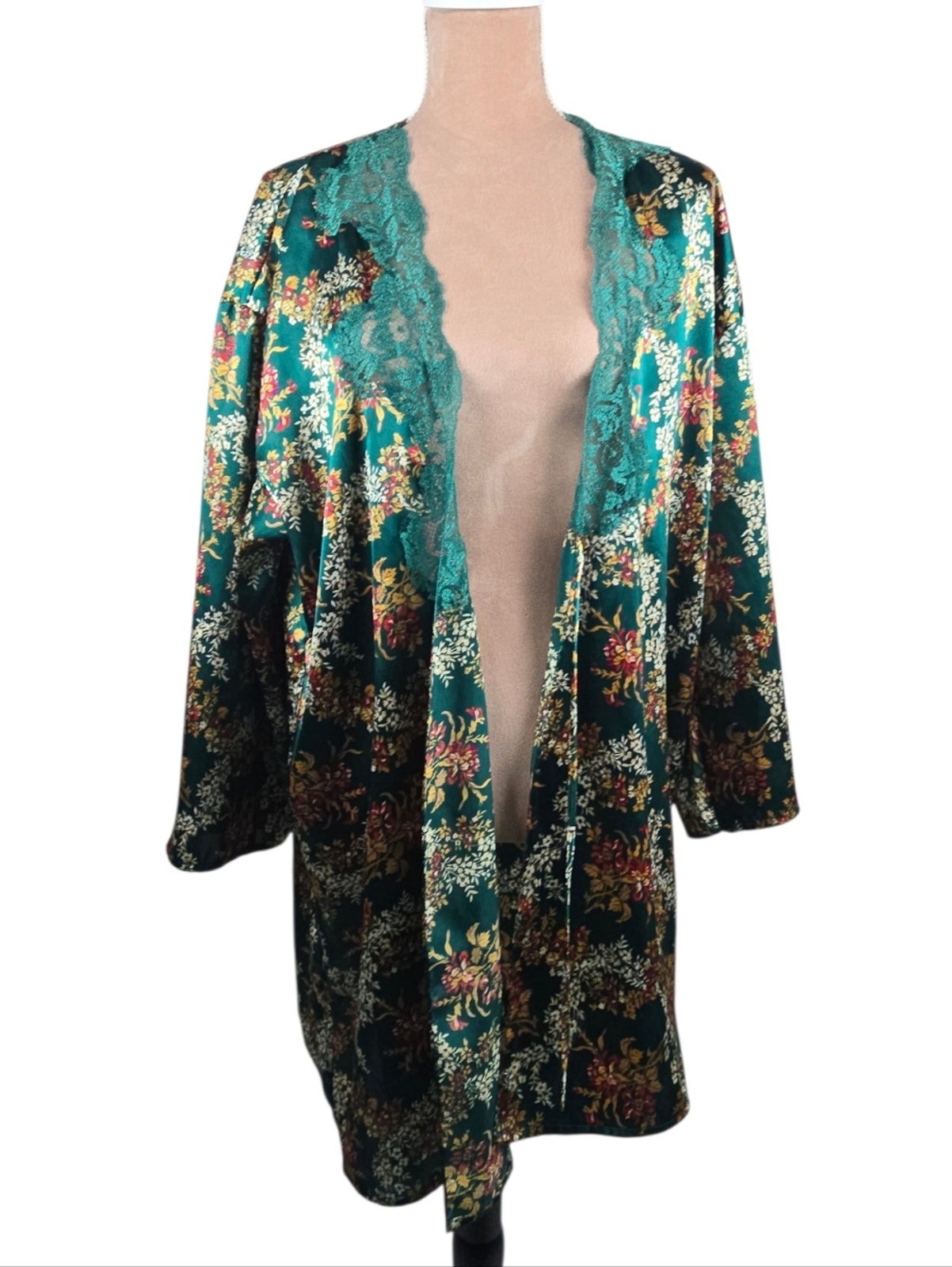 Vintage Victoria's Secret Gold Label Floral Kimono Robe Green Satin Lace Os